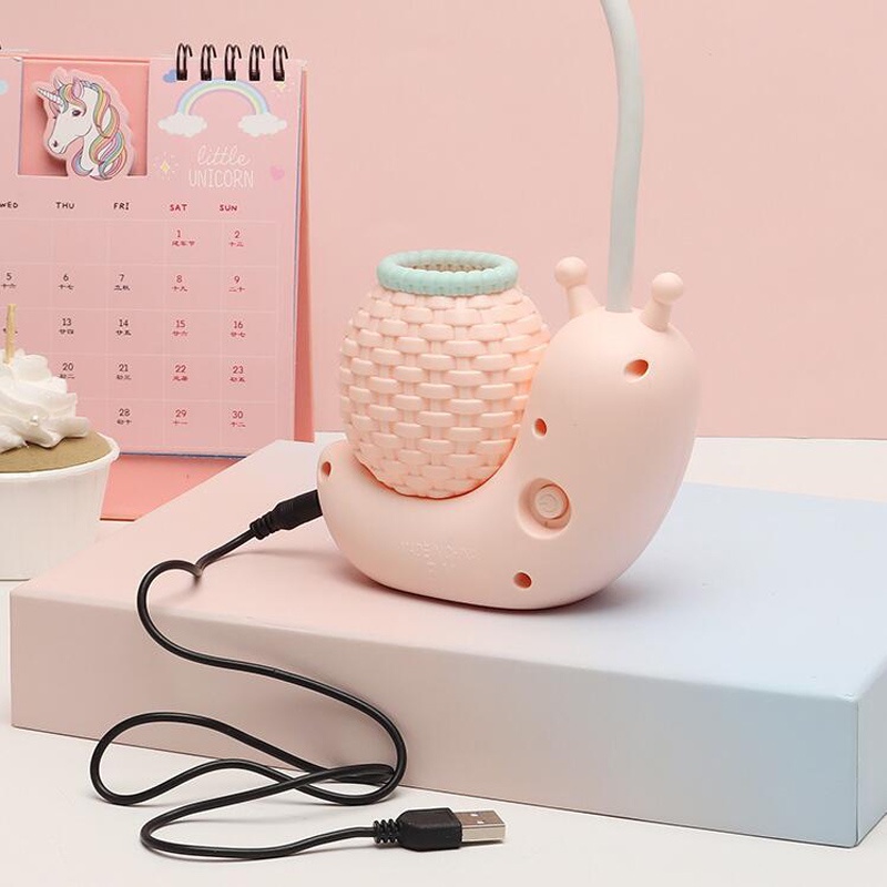 Đèn để bàn hình ốc sên gấp gọn được có hộp đựng bút sáng tạo