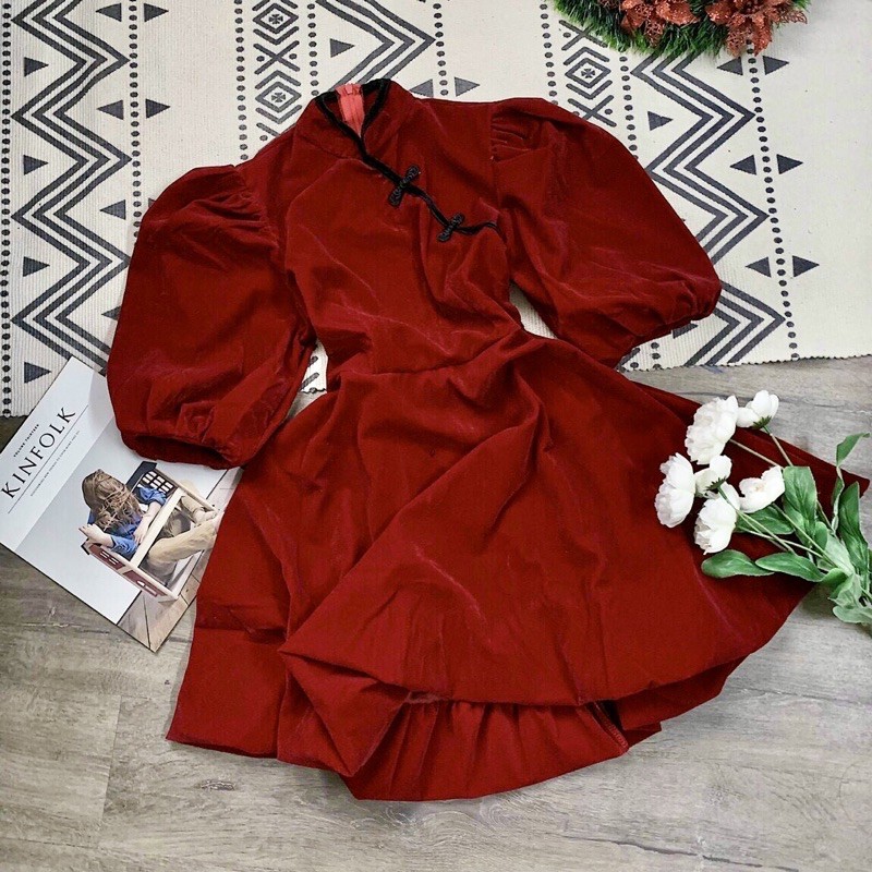 (Ảnh thật váy Noel/Tết) Đầm ulzzang nhung đỏ cổ tàu trung hoa tay bồng 2 lớp mềm mịn dày dặn