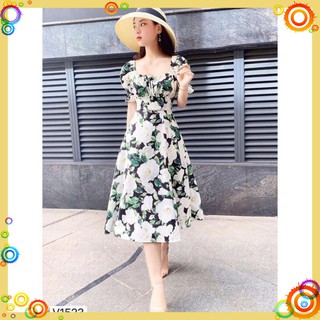 Đầm hoa cổ vuông dáng xòe xẻ tà thiết kế sang trọng lịch sự phù hợp đi chơi dự tiệc V1523_  [Kèm ảnh thật]