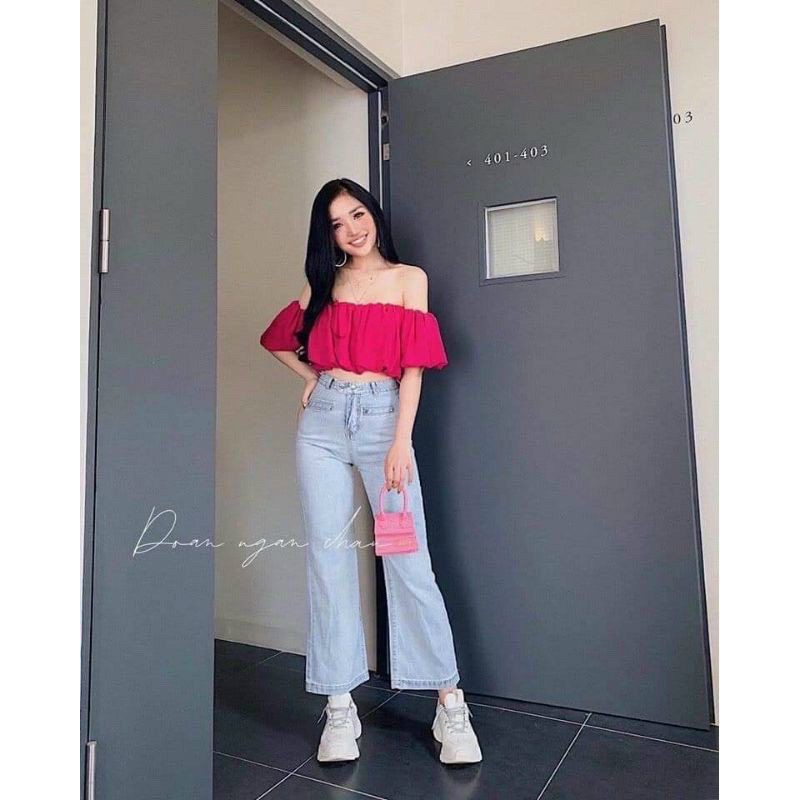 Áo Croptop Trễ Vai 2 Lớp Voan Mềm Ngắn Tay Tuyết's House