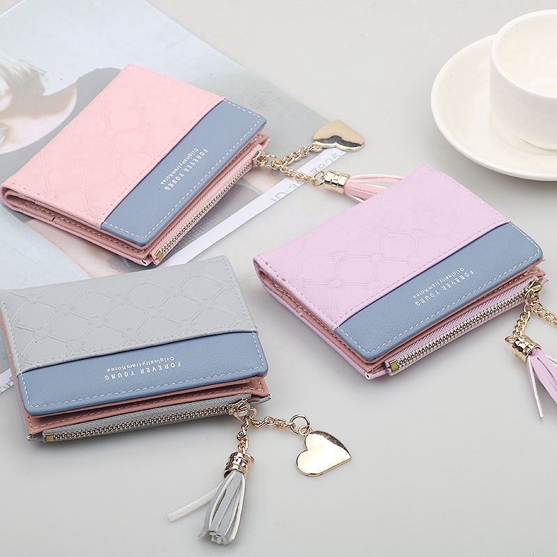 Ví Tiền Dáng Ngắn Có Khóa Kéo Phối Màu Tương Phản Thời Trang Cho Nữ