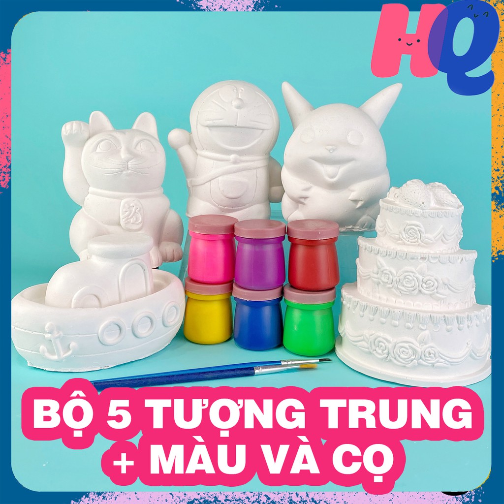 Bộ 5 tượng thạch cao TRUNG tô màu cho bé tặng 6 màu và 2 cọ 🌈