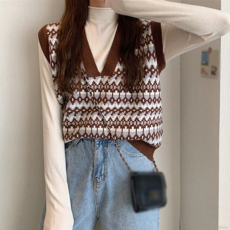 Áo len không tay cổ chữ v họa tiết sọc caro phong cách retro hàn quốc | BigBuy360 - bigbuy360.vn