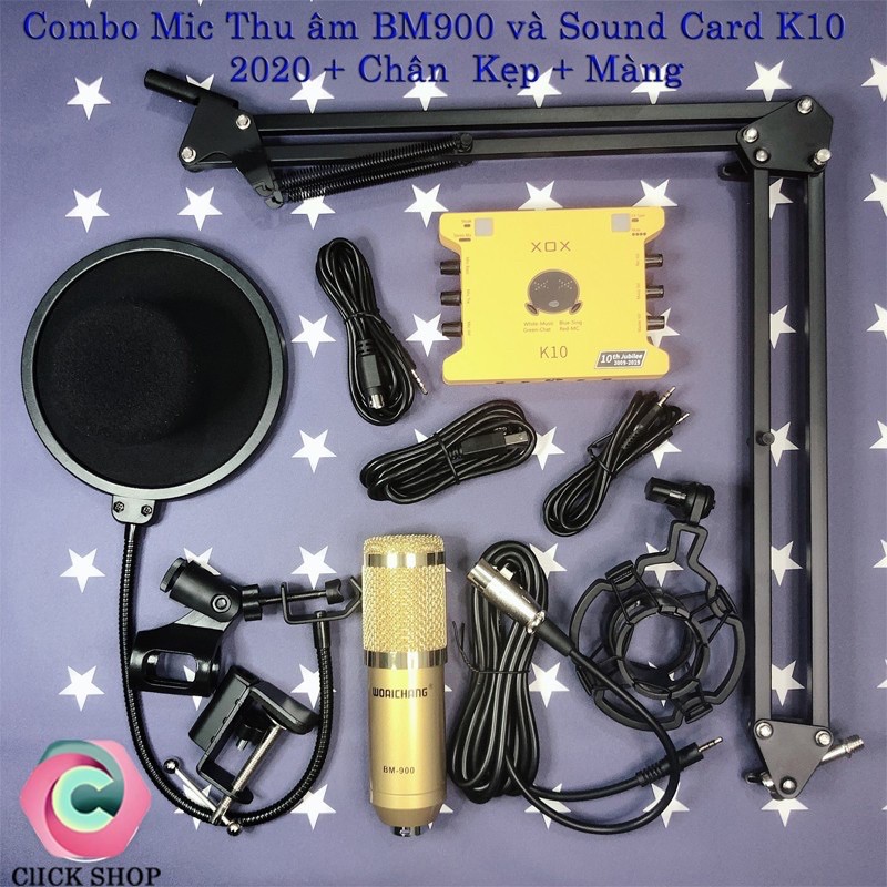 Bộ mic thu âm BM900 Sound Card XOX K10 2020 bản tiếng anh chân màng- combo live stream