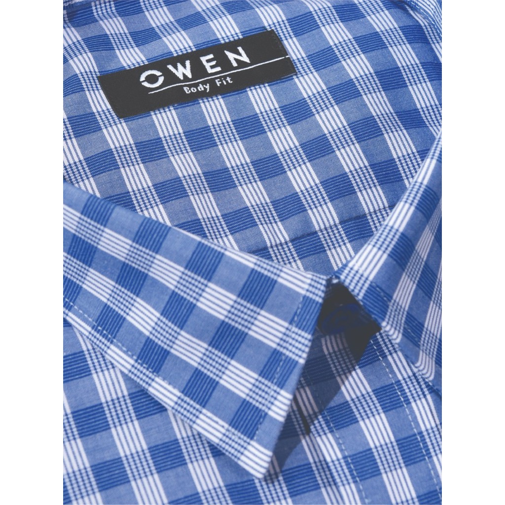 Áo Sơ Mi Nam Ngắn Tay Owen BA22555NT Sơ Mi Cộc Tay Công Sở Cao Cấp Màu Trắng Kẻ Caro Xanh Đậm Vải Sợi Tre Dáng Body Fit | BigBuy360 - bigbuy360.vn