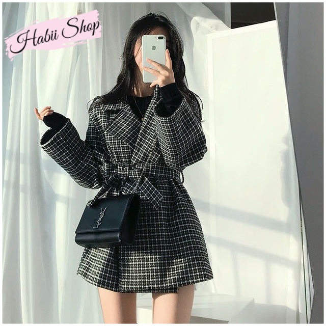 Áo khoác dạ nữ Hàn Quốc dáng ngắn - Áo dạ kẻ caro nữ HABII AD02 | BigBuy360 - bigbuy360.vn