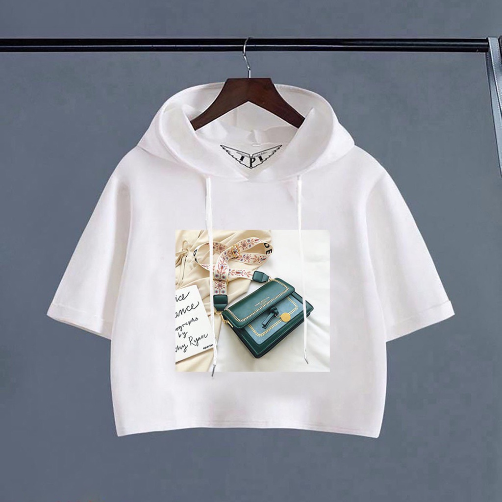 Áo thun hoddie cotton 100% mềm mát in túi xách cho bé gái ( 2 màu trắng và đen)