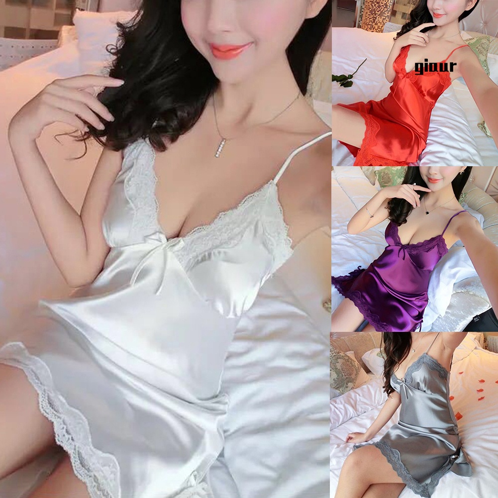 Đầm ngủ mini cổ chữ V sâu bằng lụa màu trơn phối ren gợi cảm cho nữ
 | BigBuy360 - bigbuy360.vn