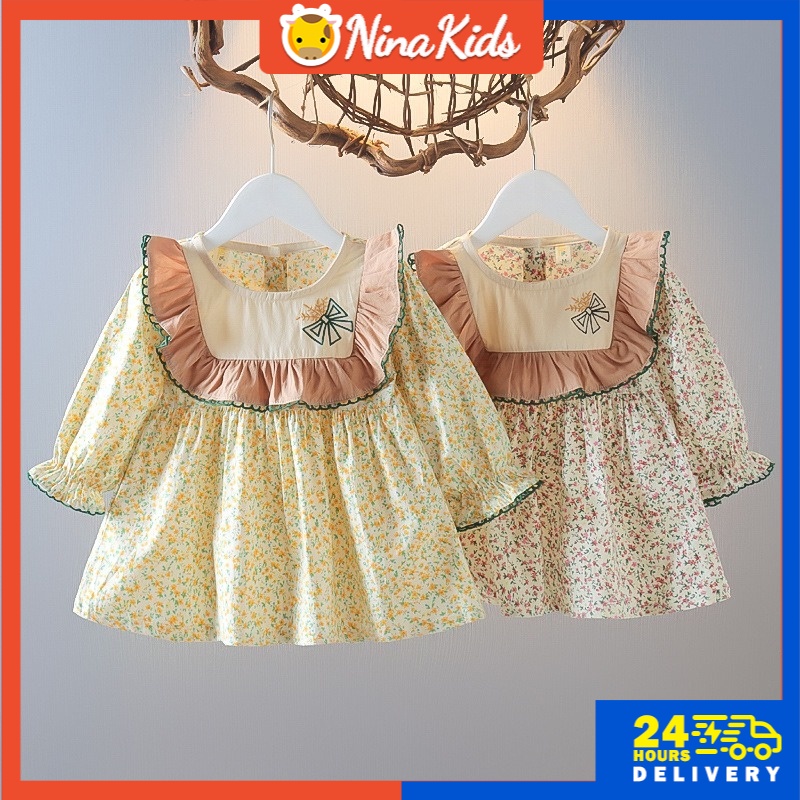 Đầm Tay Dài Cổ Búp Bê In Họa Tiết Hoa Thời Trang Xuân Thu Dành Cho Bé Gái 0-4 Tuổi