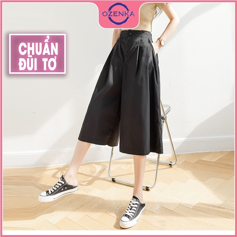 Quần lửng cạp cao ống rộng nữ OZENKA , quần lỡ giả váy đũi tơ mặc đi chơi mặc ở nhà siêu mát màu đen rêu