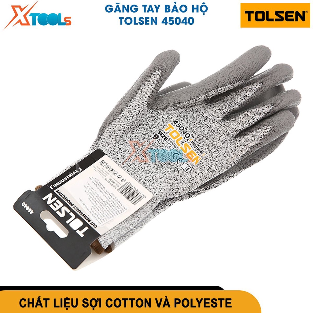 Găng tay bảo hộ Tolsen lòng tay phủ PU, lớp lót HPPE liền mạch chống trầy xước tay cấp độ 5, dùng lao động [CHÍNH HÃNG]