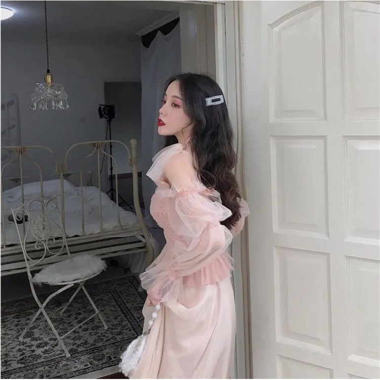Women's Summer Sweet Mesh Off Shoulder Shirt + Lace Fairy Skirt