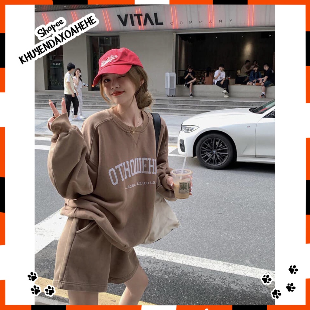 SQ013 Bộ quần áo nỉ thể thao dáng rộng đùi sooc OTHOWEHNE tay bo oversize, Set áo hoodie sweater  dài tay và quần short