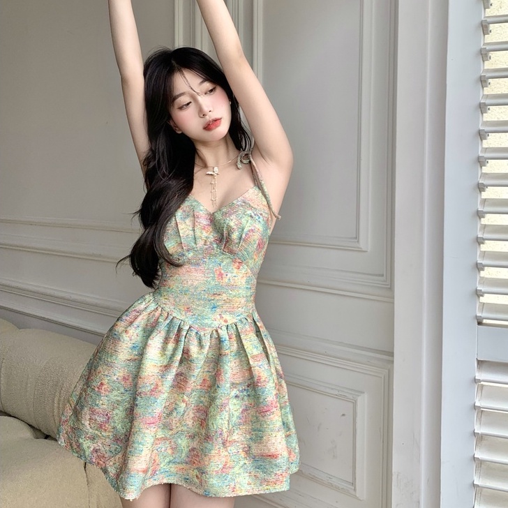 Đầm ZHELIHANGFEI họa tiết hoa tay phồng phong cách thời trang xinh xắn dành cho nữ