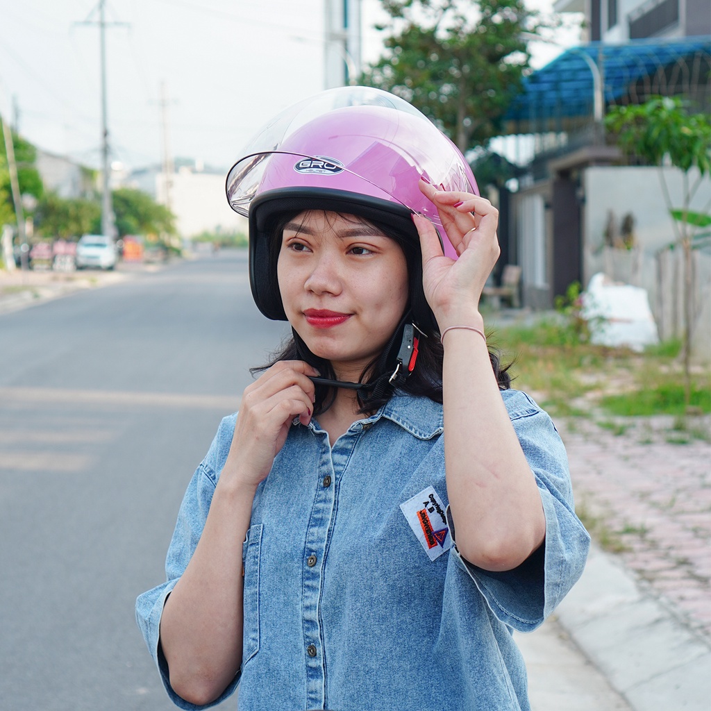 Mũ Bảo Hiểm 3/4 đầu GRO Helmet T818 có kính dài che cả mặt, kiểu dáng thời trang cho nữ, khóa kim loại - Hồng Nhạt