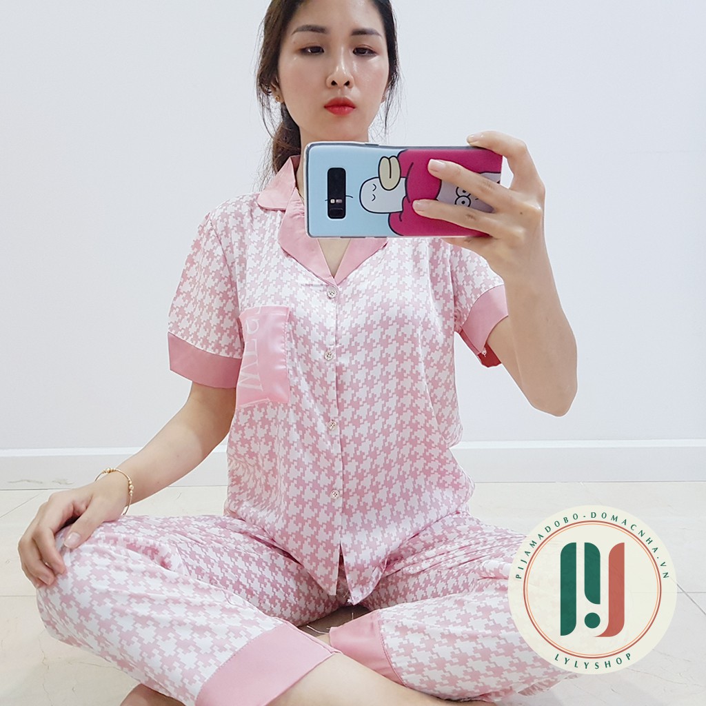 [HOÀN XU + MIỄN SHIP] Đồ bộ pijama, Đồ bộ nữ cao cấp mặc nhà họa tiết răng sói đáp túi lụa Latin mềm mịn, thoáng mát