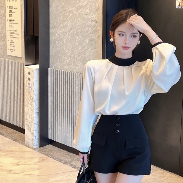 Bộ Áo Sơ Mi Tay Dài Cổ Tròn Phối Màu Tương Phản + Quần Short Lưng Cao Ống Rộng Thời Trang Hàn Quốc Tw