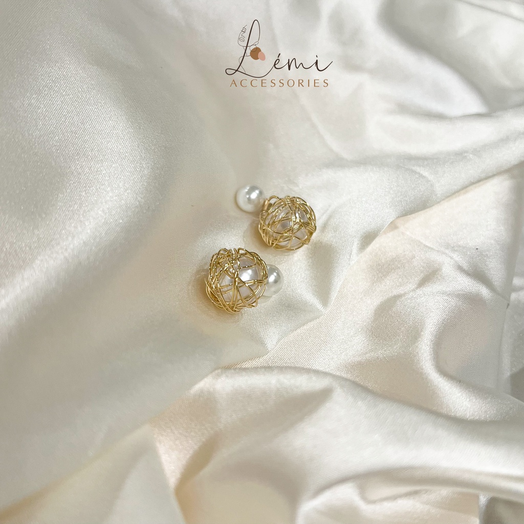 Hoa tai thả dáng quả cầu mix ngọc cá tính thời trang Hàn Quốc Lémi accessories