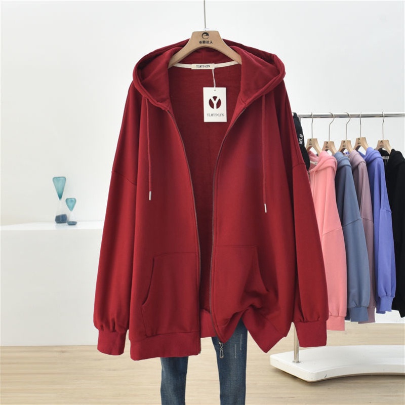 Áo Khoác Hoodie Cotton Mỏng Dáng Rộng Cỡ Lớn 150kg Phối Khóa Kéo Kiểu Hàn Quốc Thời Trang Cho Nữ