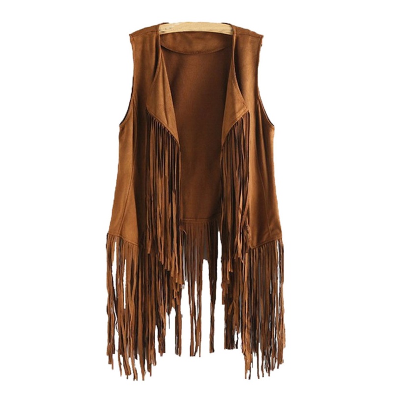 Áo Khoác Tua Rua Giả Da Lộn Không Tay Phong Cách Hippie Thời Trang 70s Dành Cho Nữ