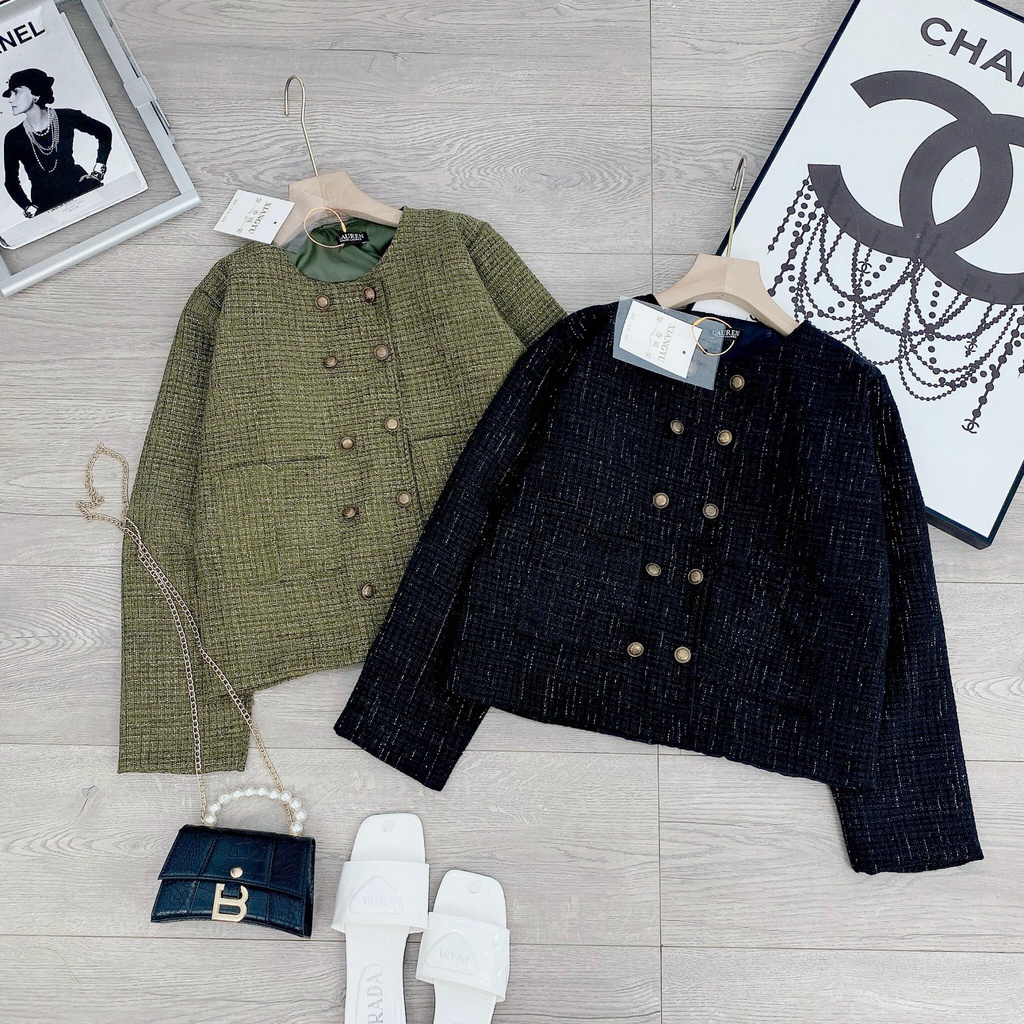 Áo khoác dạ tweed 2 lớp dày dặn cúc đồng vintage,Áo khoác dạ nữ trẻ trung cực xinh