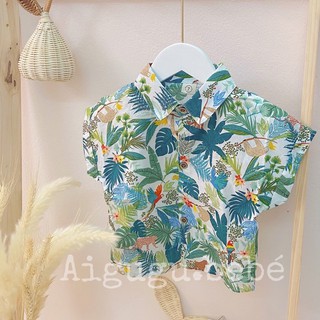 Áo Sơ Mi Cộc Tay Hoạ Tiết Rừng Cây(Trắng) Cho Bé Trai - AIGUGU.BÉBÉ