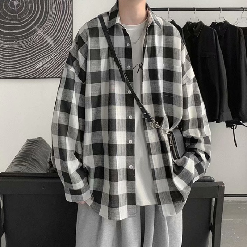 Áo sơ mi tay dài dáng rộng họa tiết sọc caro phong cách Hàn Quốc cho nam size M-3XL