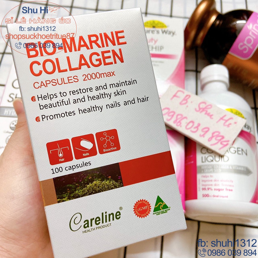 Collagen careline thủy sinh, bio marine collagen 2000max careline 100 viên úc, colagen đẹp da móng tóc, căng bóng da