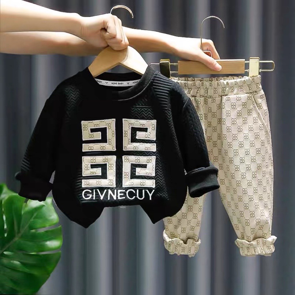 Quần áo thu đông bé trai, set bộ quần áo xốp hàn thêu GIVNECHY kèm quần umi cao cấp cho bé
