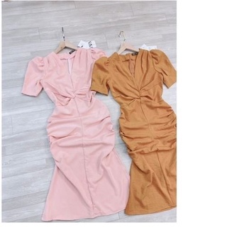Đầm cổ v xoăn eo sang chảnh