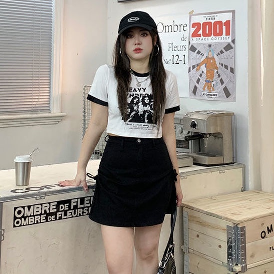 Large size 2022 summer black-and-white short-sleeved T-shirt women's short spicy blouse fat mm skirt set