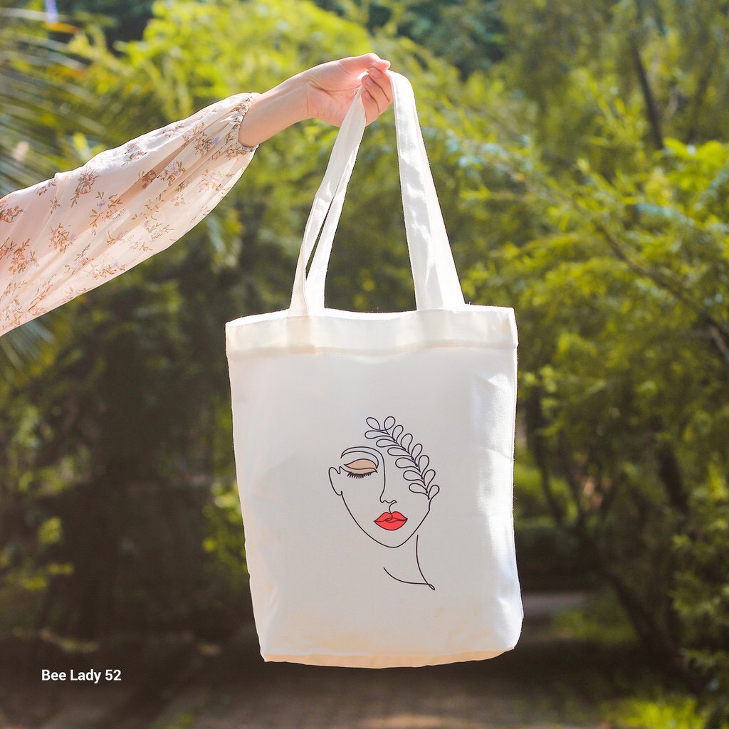 Túi tote vải canvas in hình gương mặt cô gái đựng đồ đi học đi làm đi chơi tiện lợi phong cách thời trang Hàn Quốc