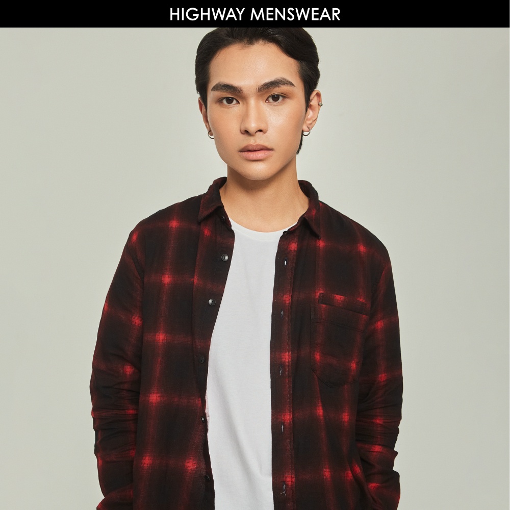 Áo sơ mi flannel nam thoáng mát Highway (Menswear) Johan kẻ đỏ đen