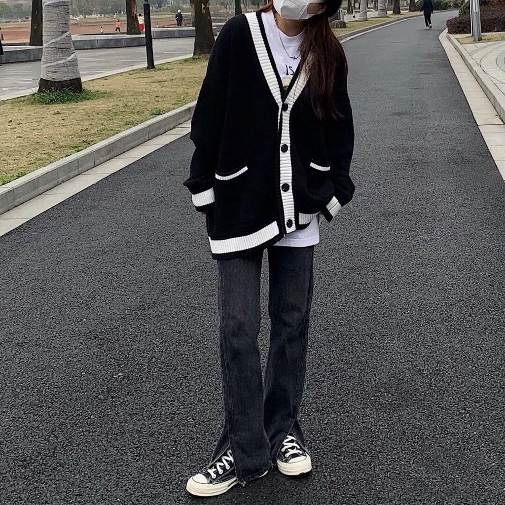 Áo khoác cardigan len đen sọc trắng - Hàng pre-order