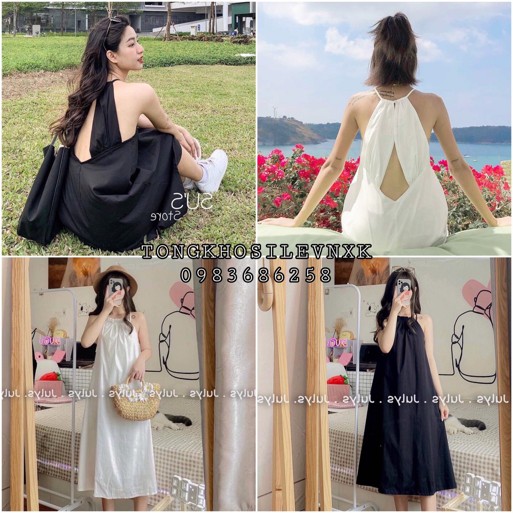 ✑❐✹Váy Yếm Khoét Lưng 2 Màu 🌸 Đầm midi dáng dài, maxi đũi suông hotgirl bánh bèo TRẮNG | ĐEN Ulzzang