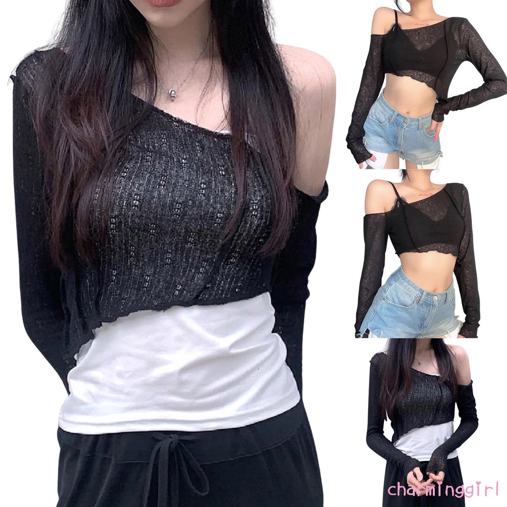 Áo Croptop Dệt Kim Tay Dài Một Bên Vai Màu Sắc Đơn Giản Dành Cho Nữ