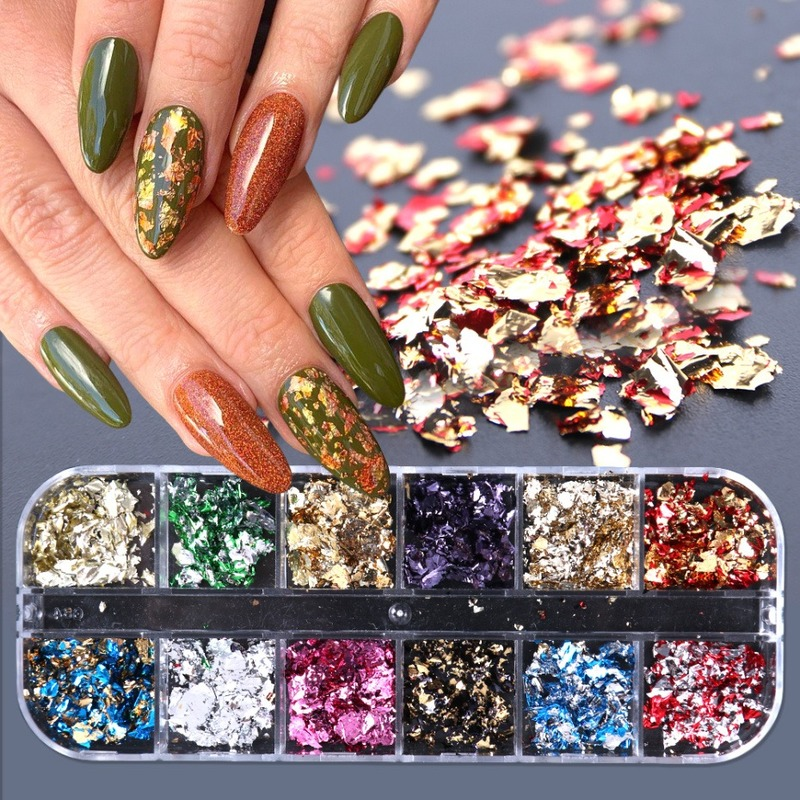 Set 12 Hộp Phụ Kiện Lá Vàng Lấp Lánh Trang Trí Móng Tay