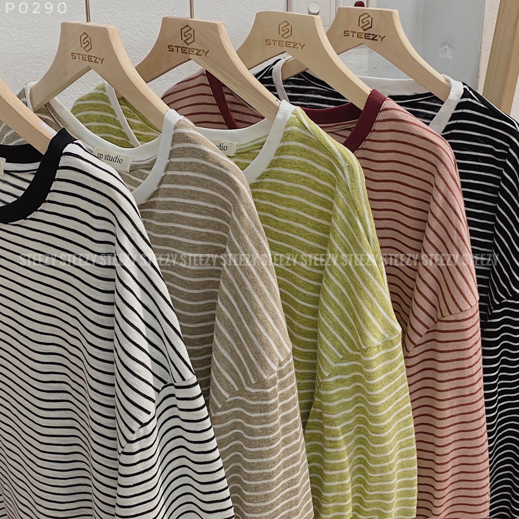 Áo pull cotton dài tay kẻ sọc ngang form rộng tay bồng bo (Có sẵn/Ảnh thật)