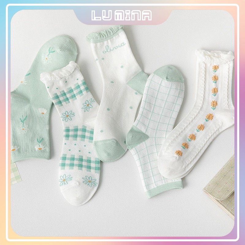 Tất cổ ngắn nữ, vớ nữ cổ bèo tông trắng xanh lá phong cách Hàn Quốc chất vải cotton co giãn bốn chiều thoáng khí TD040