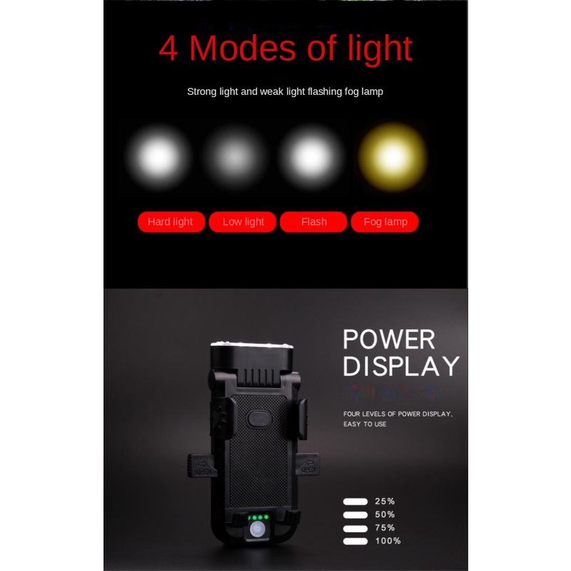 Đèn Pin 4000mAh 4 Trong 1 Tích Hợp Giá Đỡ Điện Thoại Và Còi Sạc USB Dành Cho Xe Đạp