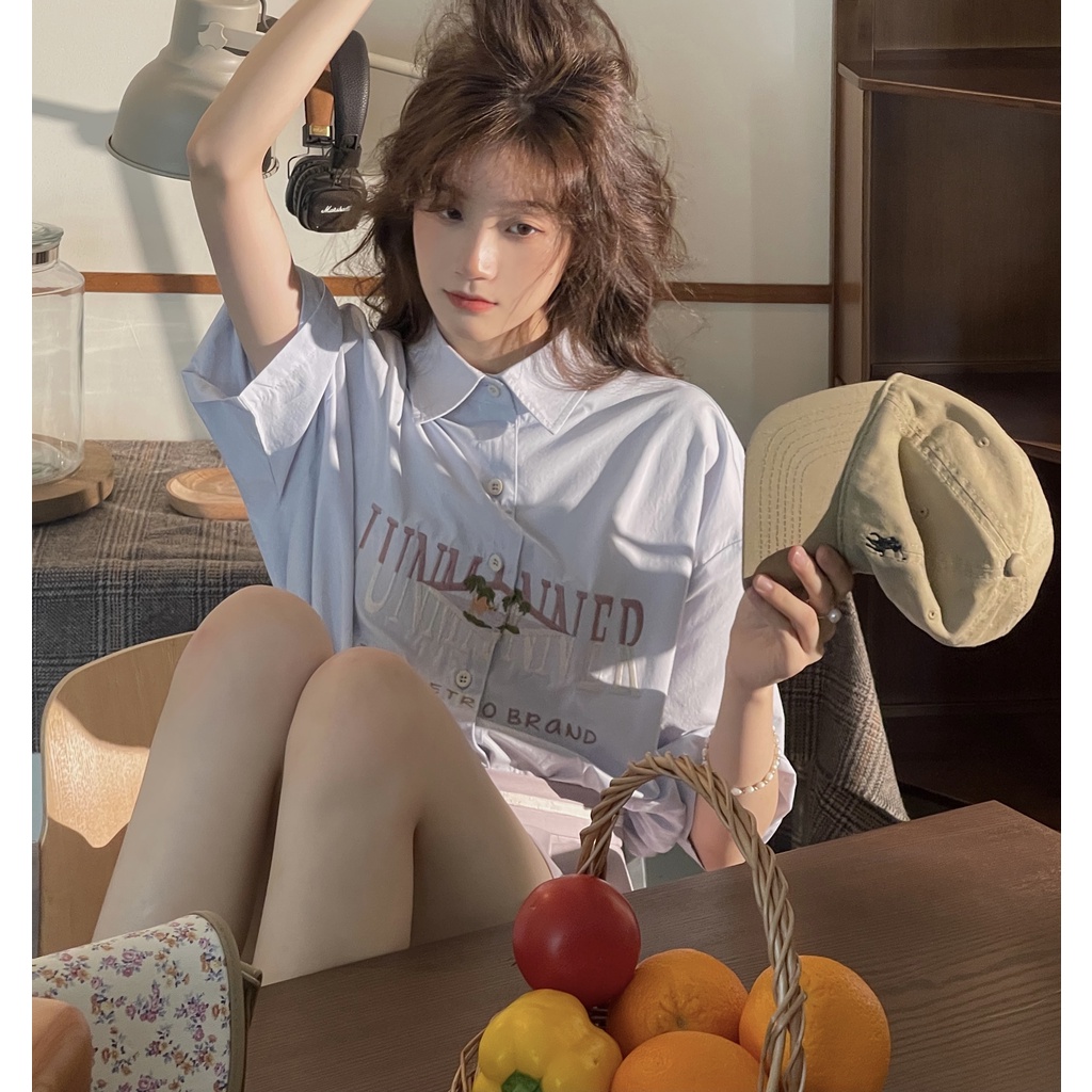 Áo Sơ Mi Nữ Ngắn Tay Thêu Họa Tiết Phong Cách retro