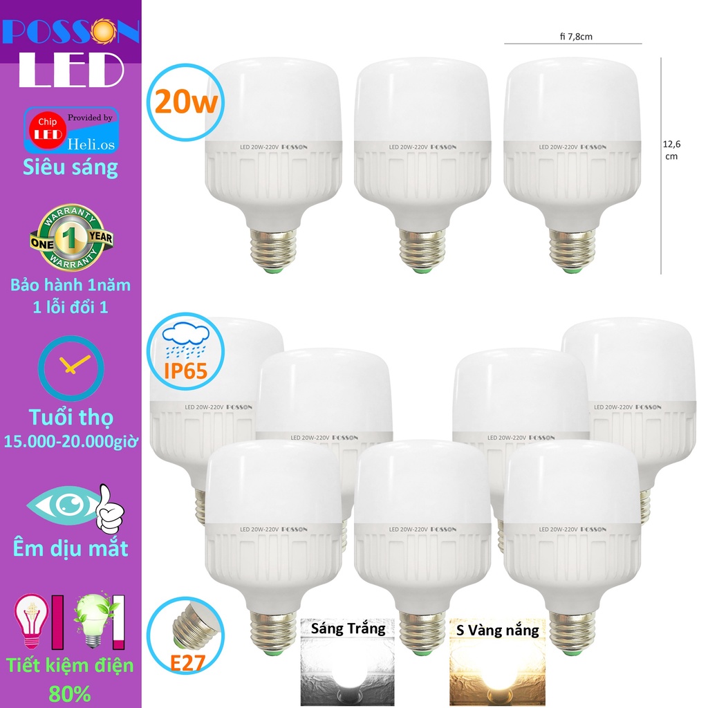 Combo 10 Bóng đèn Led trụ 18w 20w bup trụ T80 bulb siêu sáng tiết kiệm điện kín chống nước