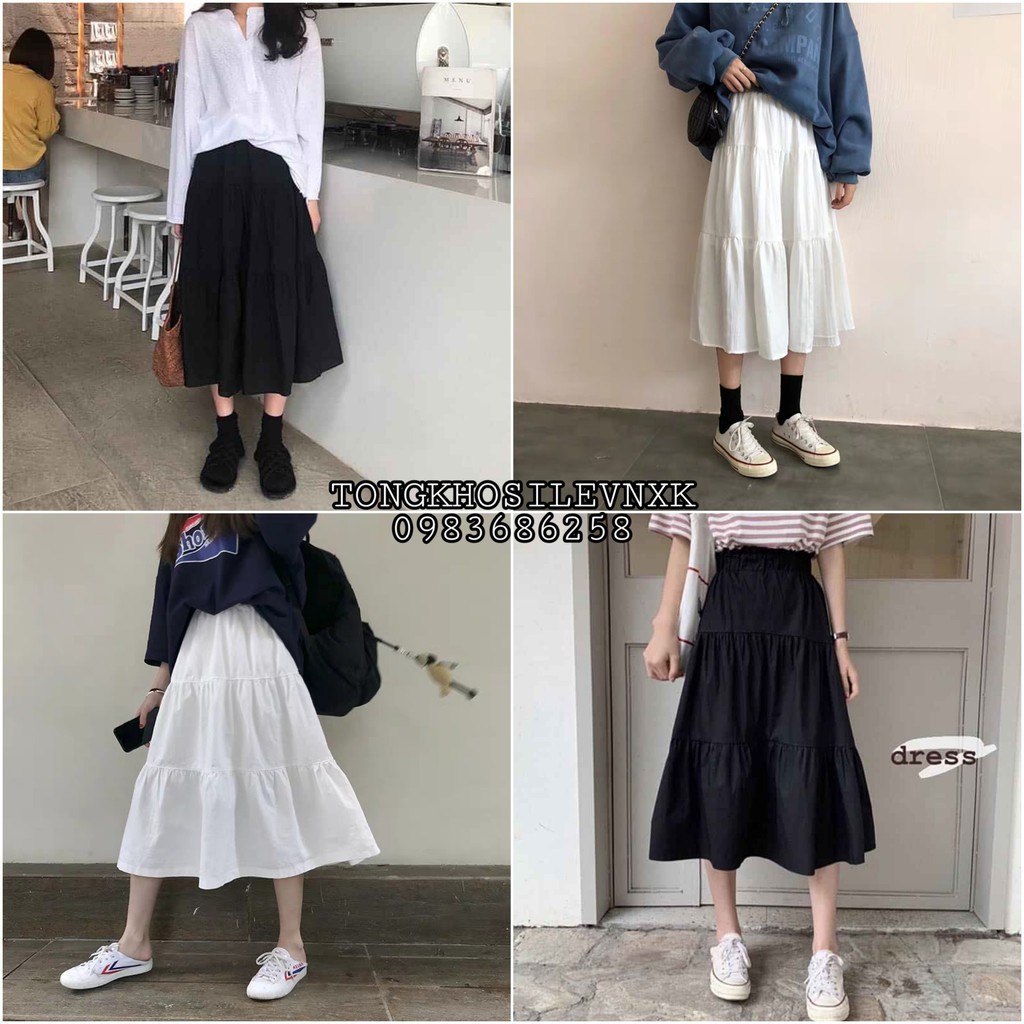Chân váy thô ba tầng🌿dáng đầm xếp ly nữ🍀 Dài qua gối, dáng xoè, gồm 2 màu đen trắng🍀Vintage phong cách Hàn Quốc