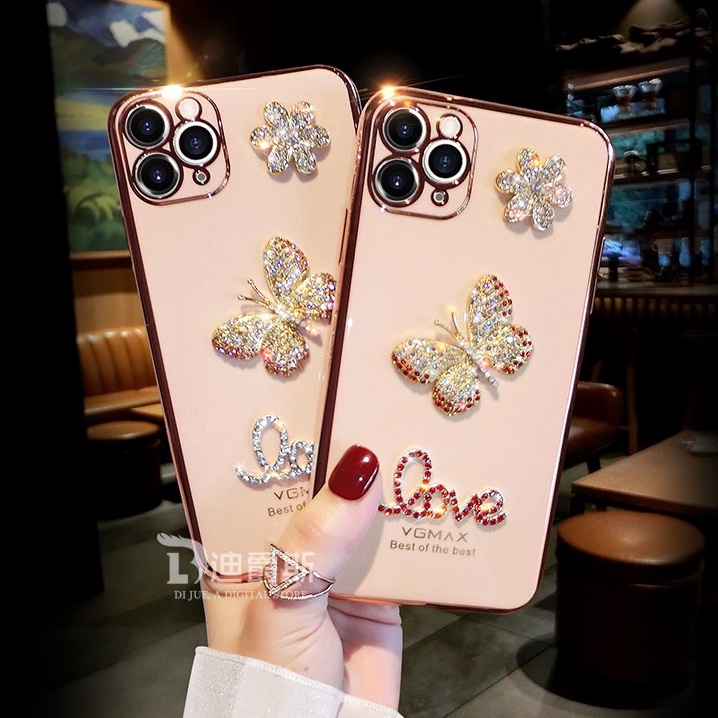 Kim Cương Sang Trọng Tình Yêu Bướm Hoa Lấp Lánh Ốp điện thoại Cho iPhone 15 14 13 12 11 Pro Max X XR XS Max 7 8 Plus Vỏ Bling Kim Cương Giả Mạ Ốp điện thoại TPU Mềm