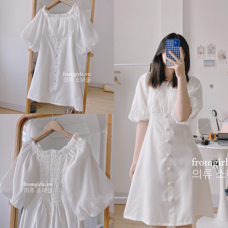 Váy trắng tay phồng, đầm trắng dự tiệc cục bọc ngực ren brown.clothes  - V63
