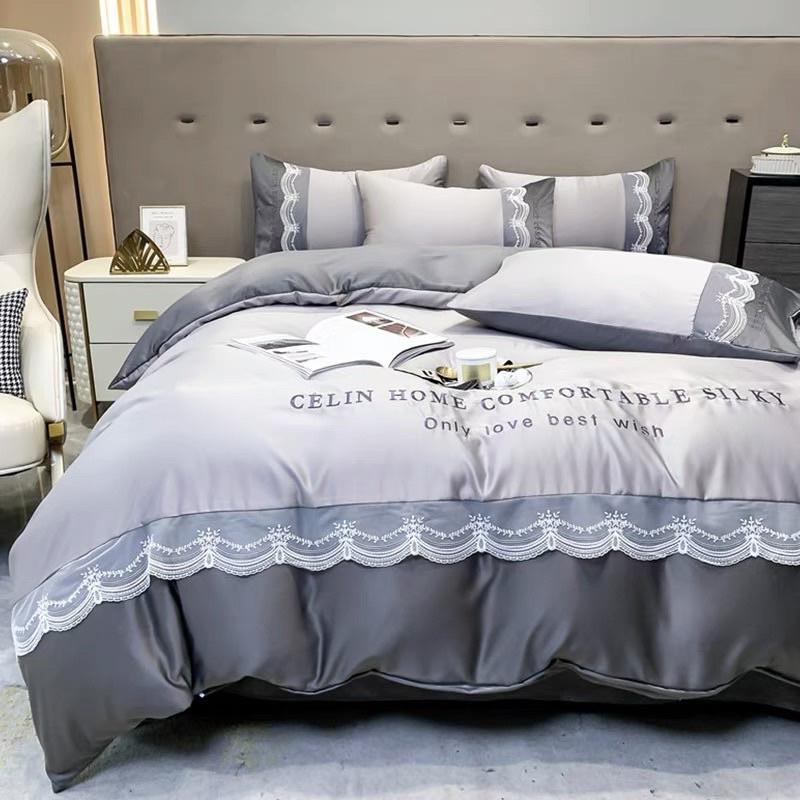 Bộ chăn ga gối phi lụa Celin viền ren cực xinh mềm mại , Bộ 4 món phi lụa chất liệu thoáng mát không nhăn cao cấp