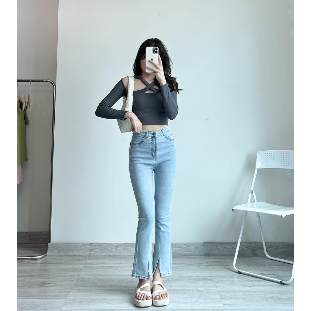 Áo croptop gân  trễ vai đen chéo thời trang Miho house