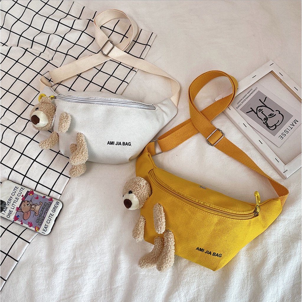 Túi đeo hông, đeo ngực gấu bông 3 màu, vải canvas