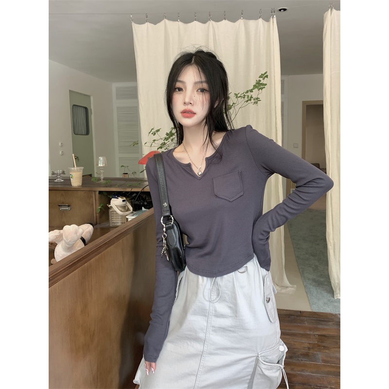 Áo thun nữ HIIXIIVI tay dài cổ chữ v thời trang phong cách Hàn Quốc
