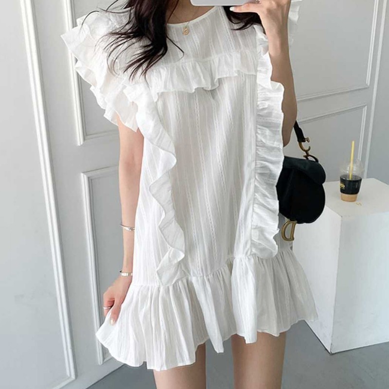Đầm Ngắn Vintage Nhún Bèo Hàn Quốc Váy Đuôi Bèo Xếp Ly Đầm Nữ Xoè Maxi Trắng Cổ Tròn Kẻ Sọc Đi Biển Đẹp